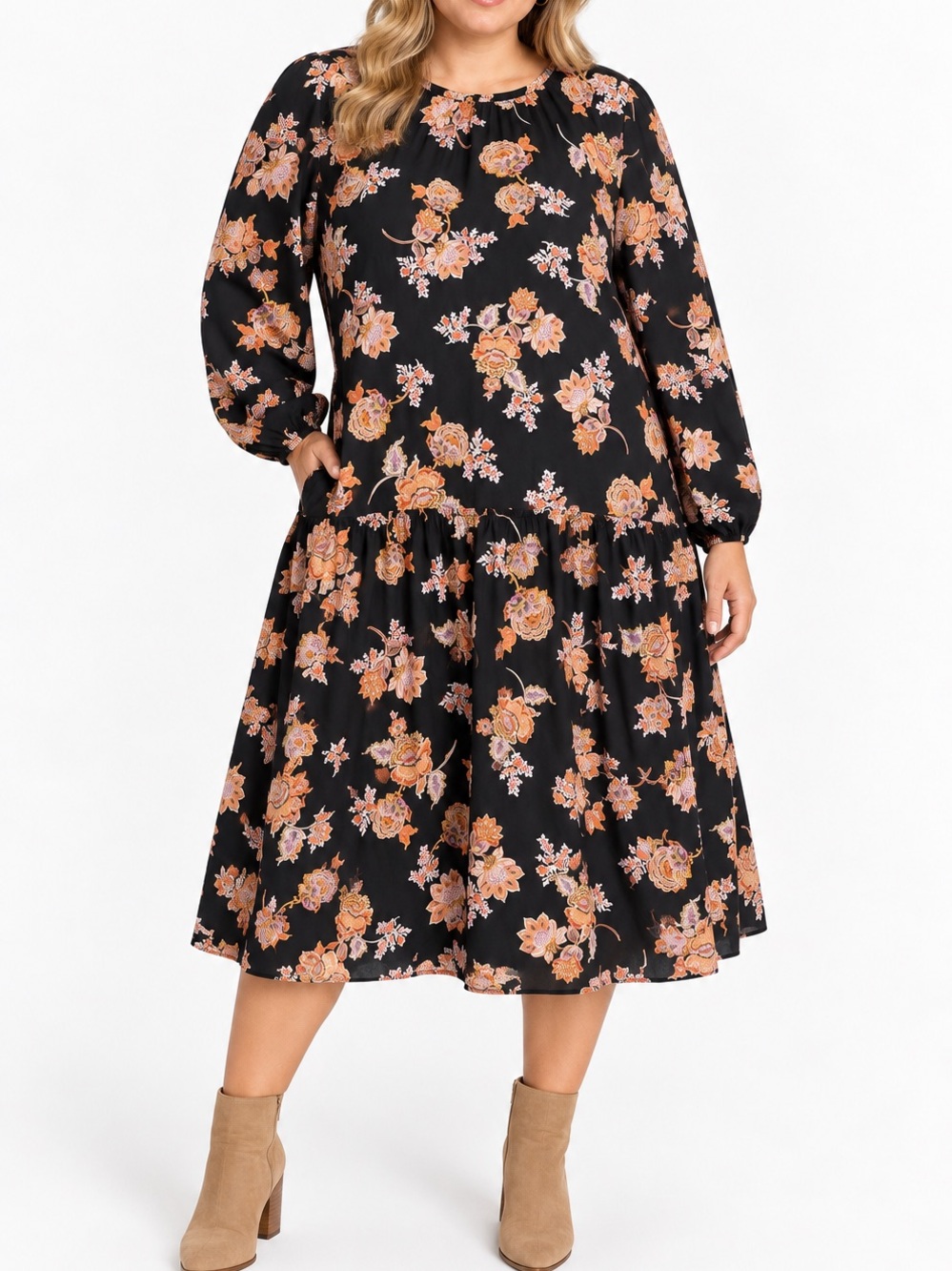Who What Wear XXL Black Floral Long Sleeve Drop Waist Dress NWT